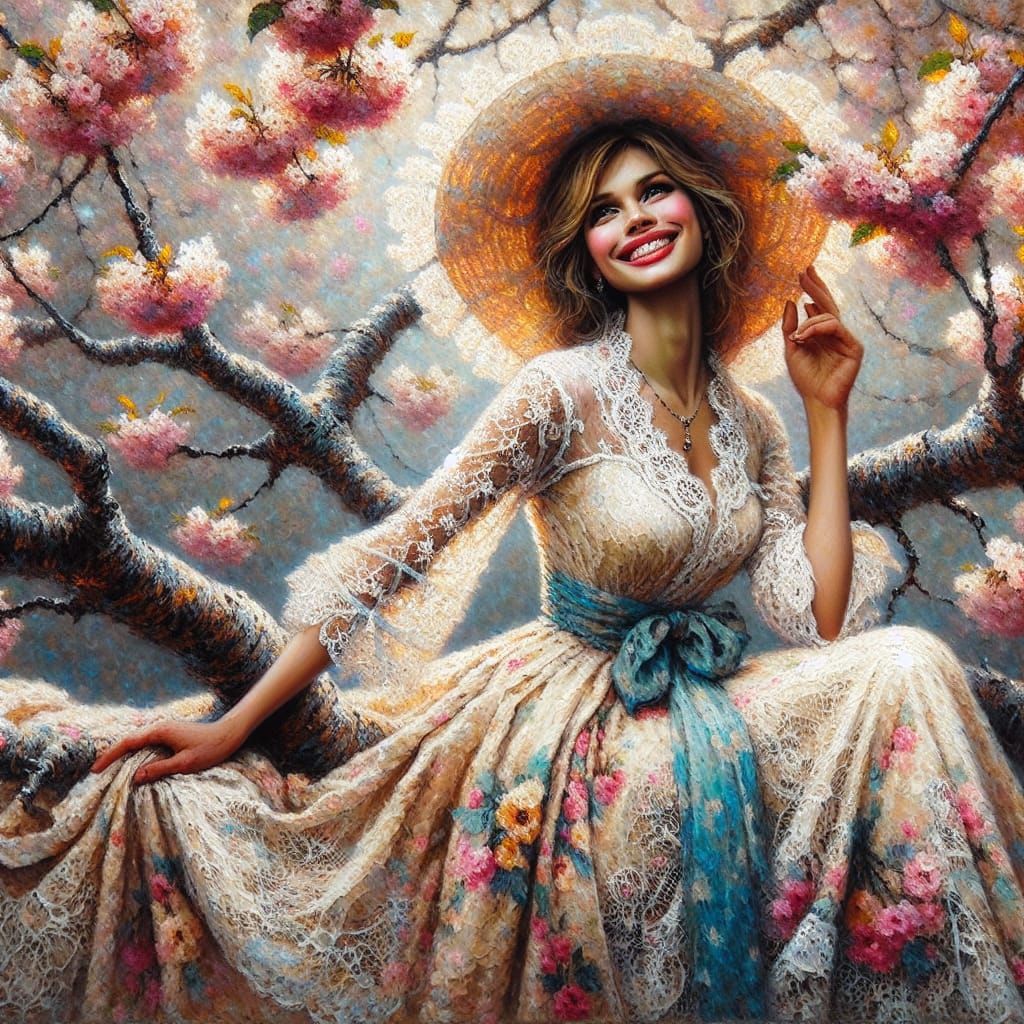 Woman in Cherry Tree: Impasto Pastel Portrait