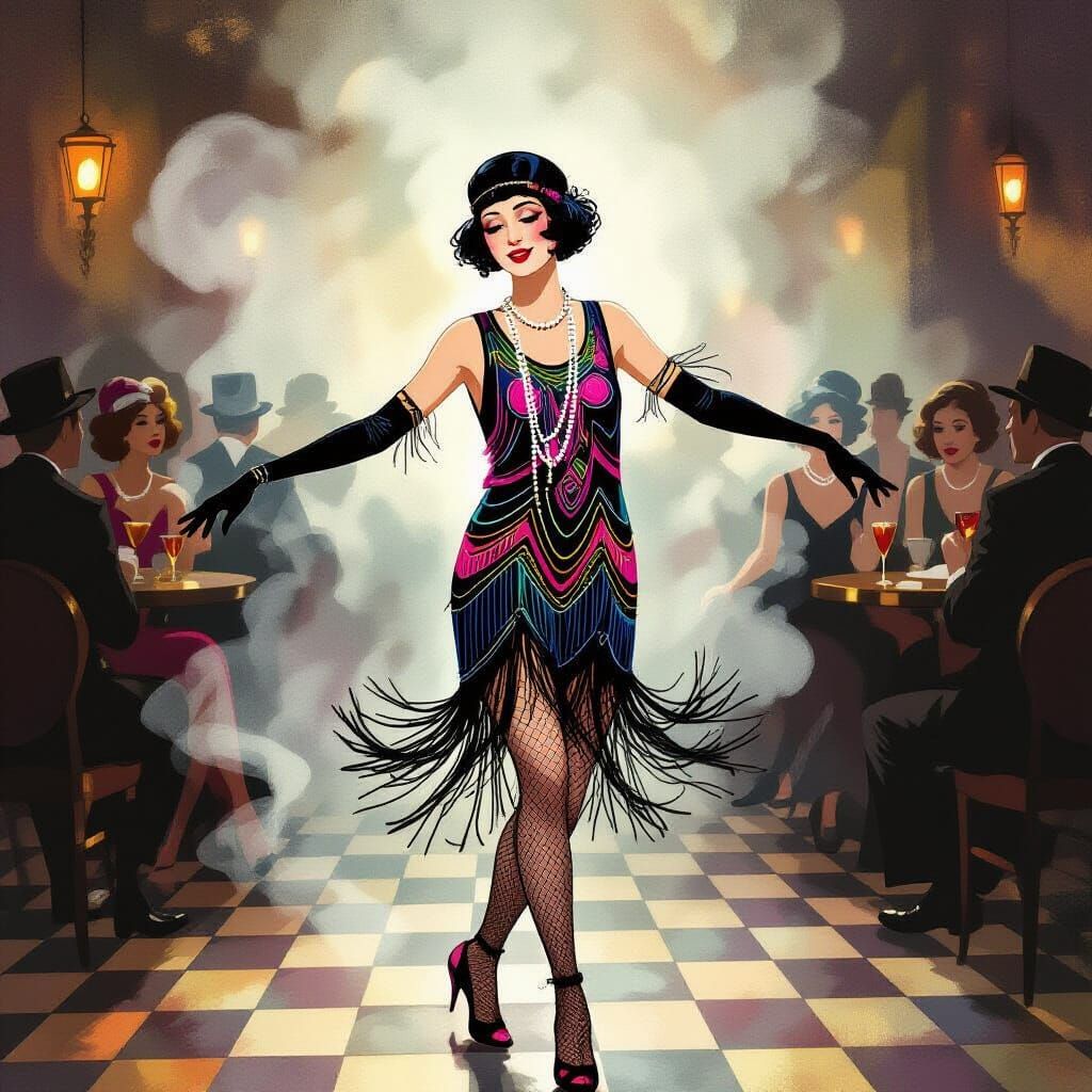 Flapper Dancing Charleston in Smoky Art Deco Jazz Club