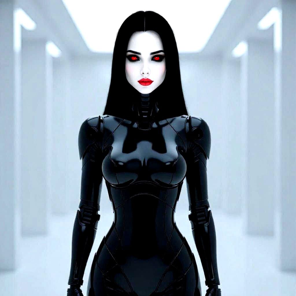 Photorealistic Female Android Robot in Black Suit
