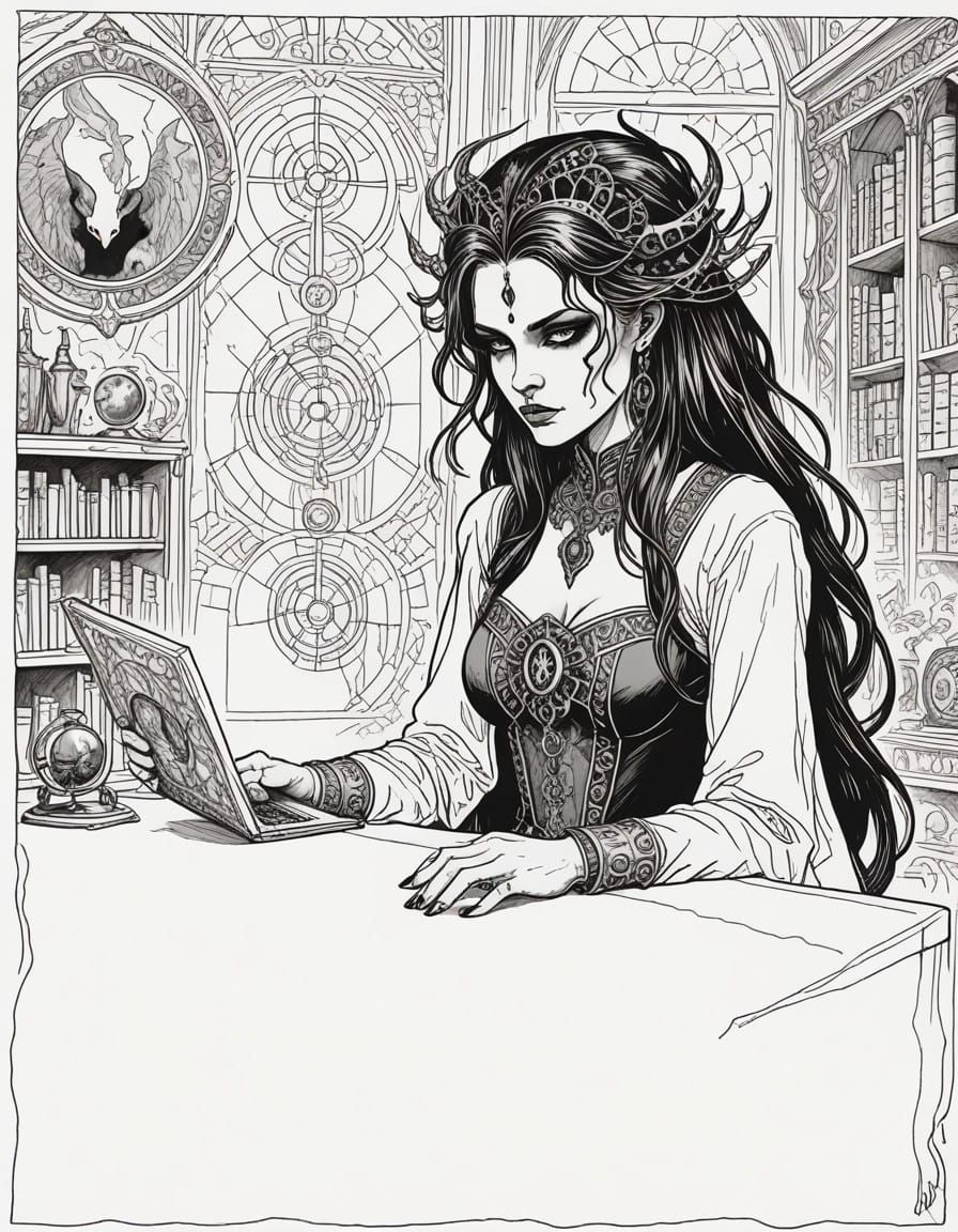 Mystical Webvixen Studies Ancient Grimoire in Dimly Lit Stud...