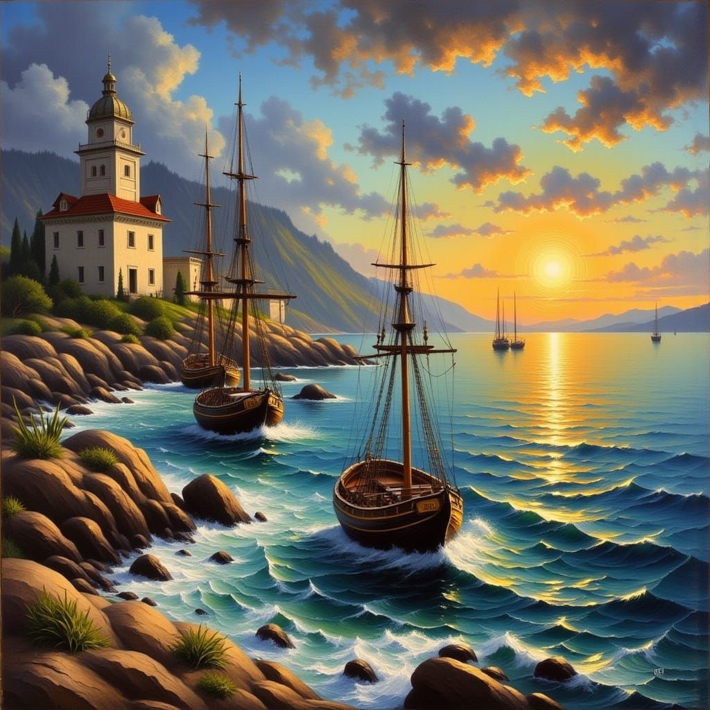 Busy Harbor Town Life by the Sea in Oil Paint Style