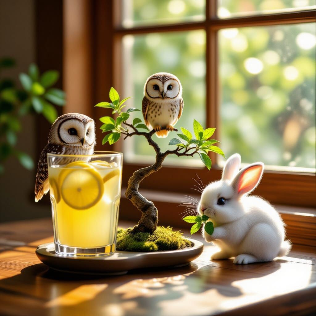 Refreshing Lemonade Scene with Owl and Bunny