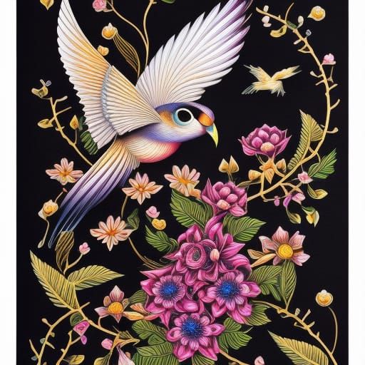 Colorful Arabesque Birds and Flowers Illustration
