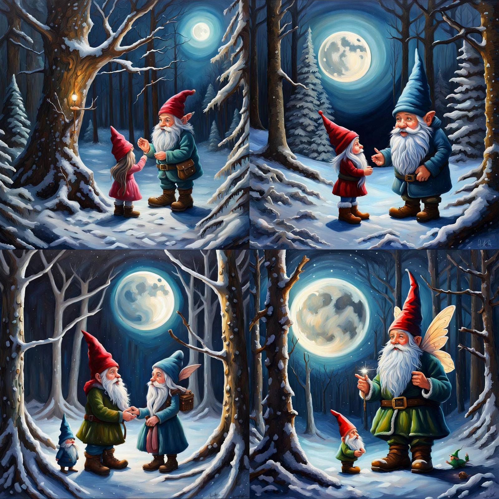 Forest Fairy and Gnome in Winter Forest