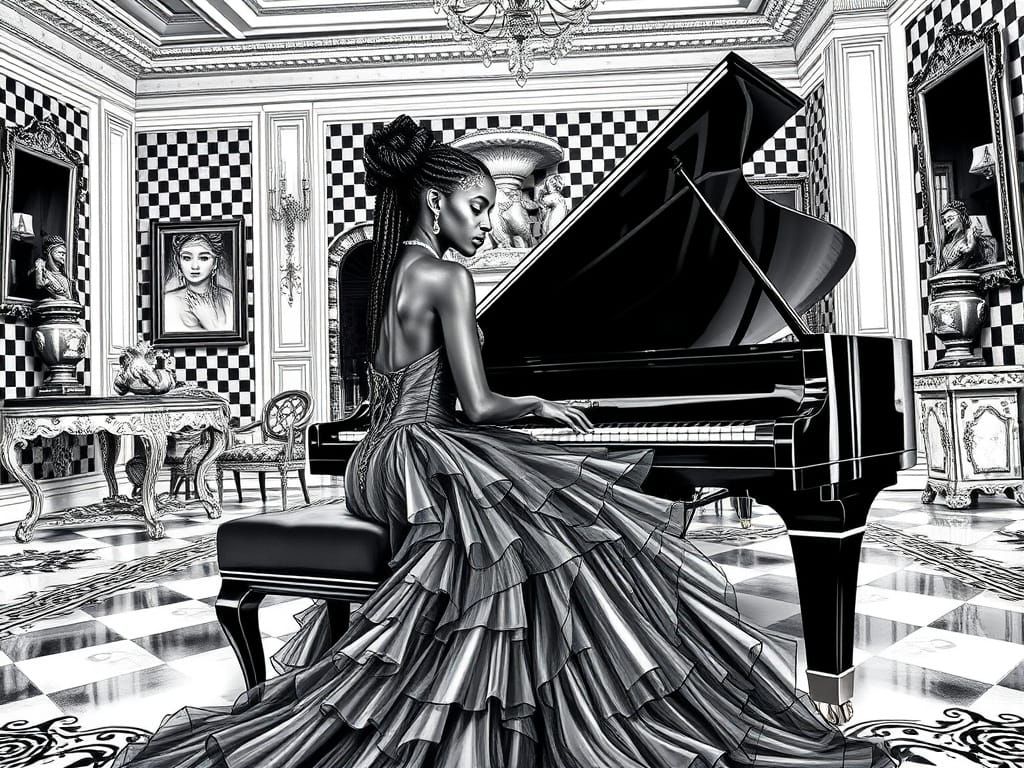 Elegance in Black and White: A Regal Lady at the Piano