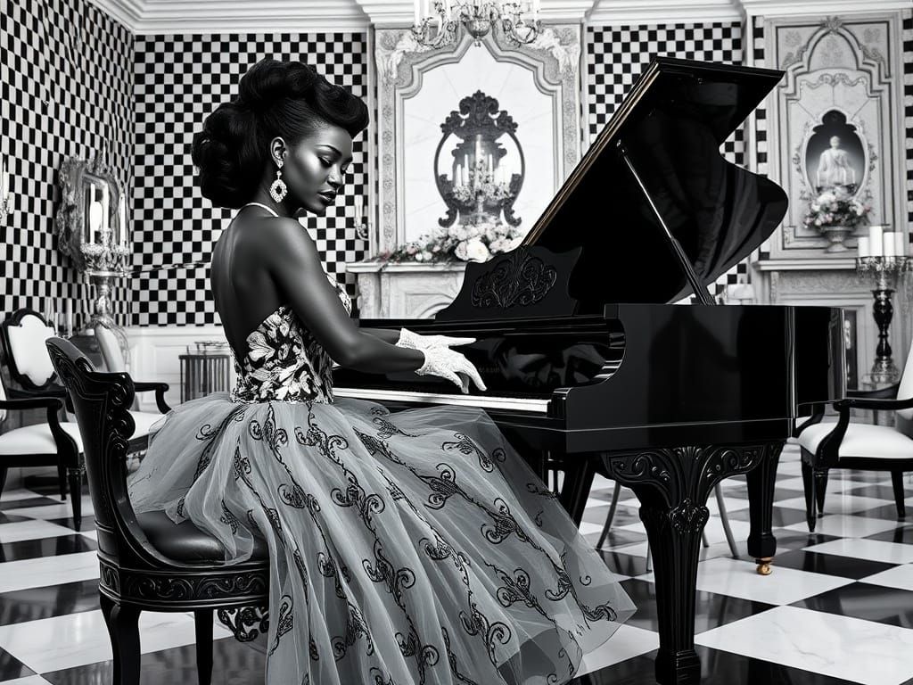 Elegant Woman Plays Piano in Art Deco Room