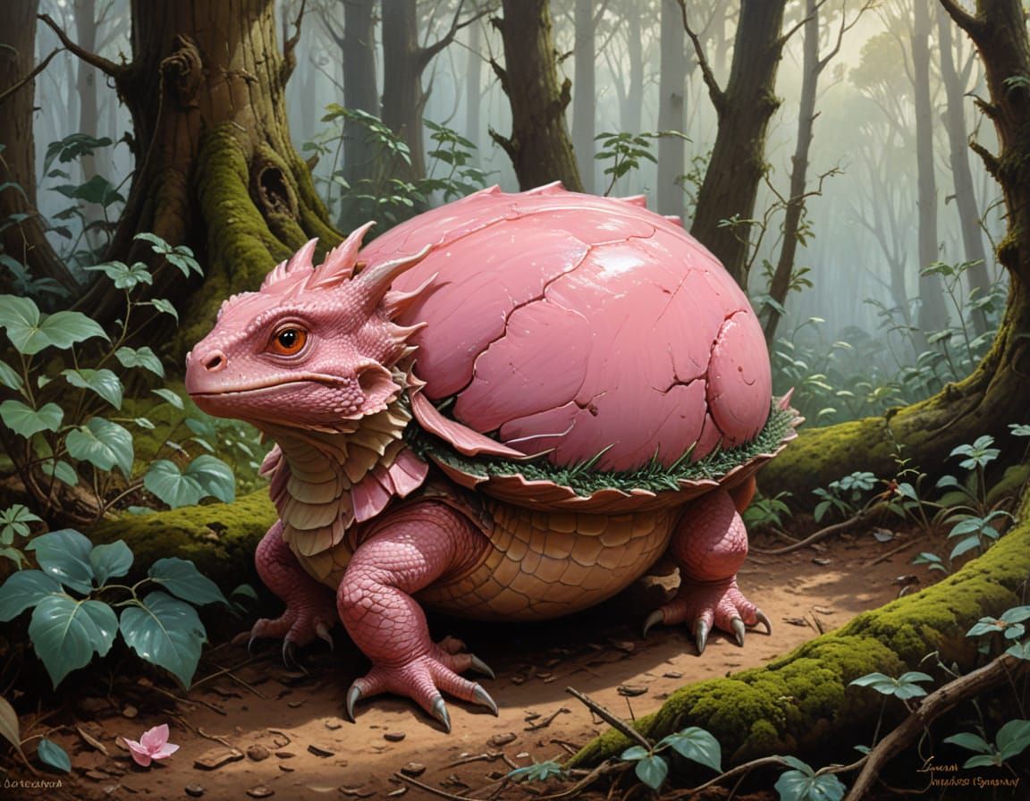 Pink Dragon Hatchling in Wooden Egg, Forest Scene