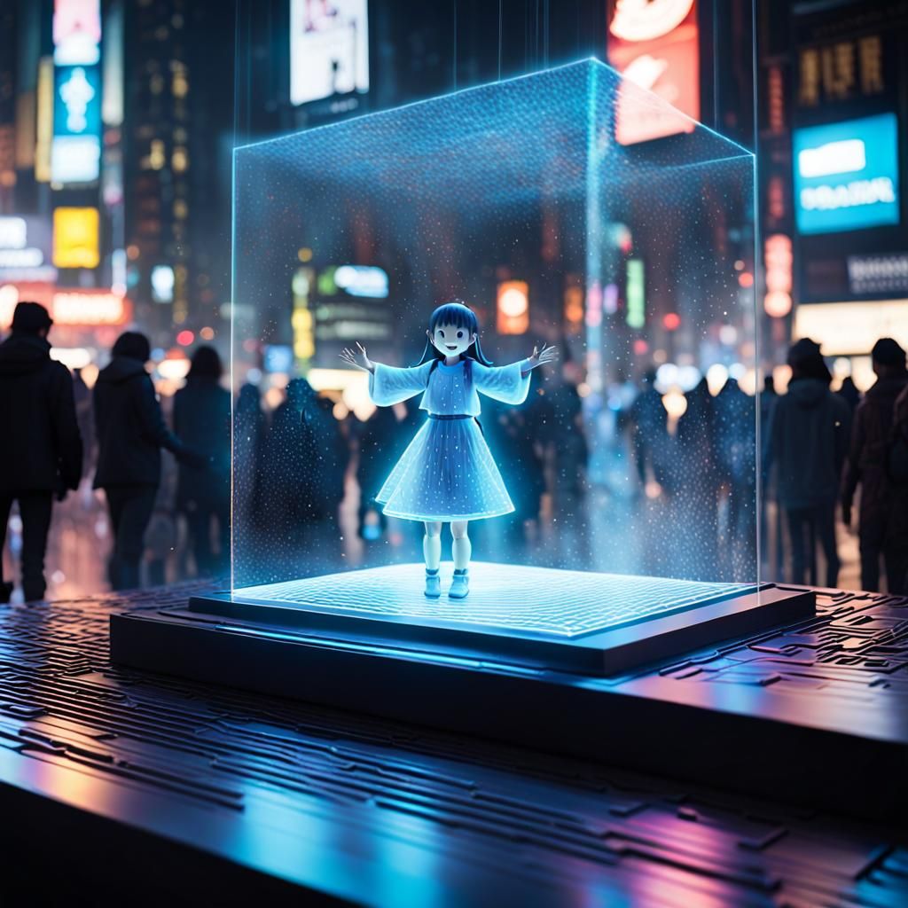 Laughing Girl Hologram in Cyberpunk Style