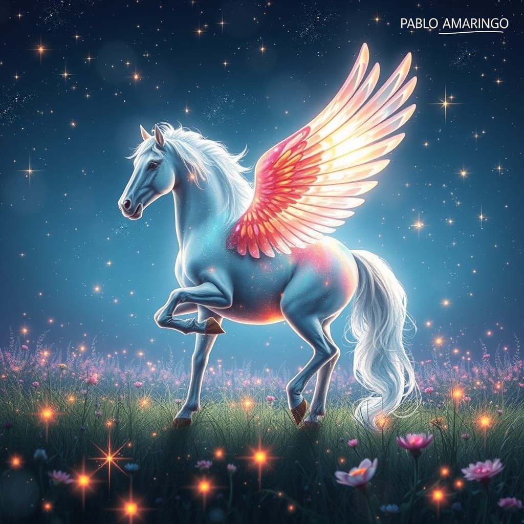 Radiant Pegasus with Crystal Wings in Enchanted Meadow