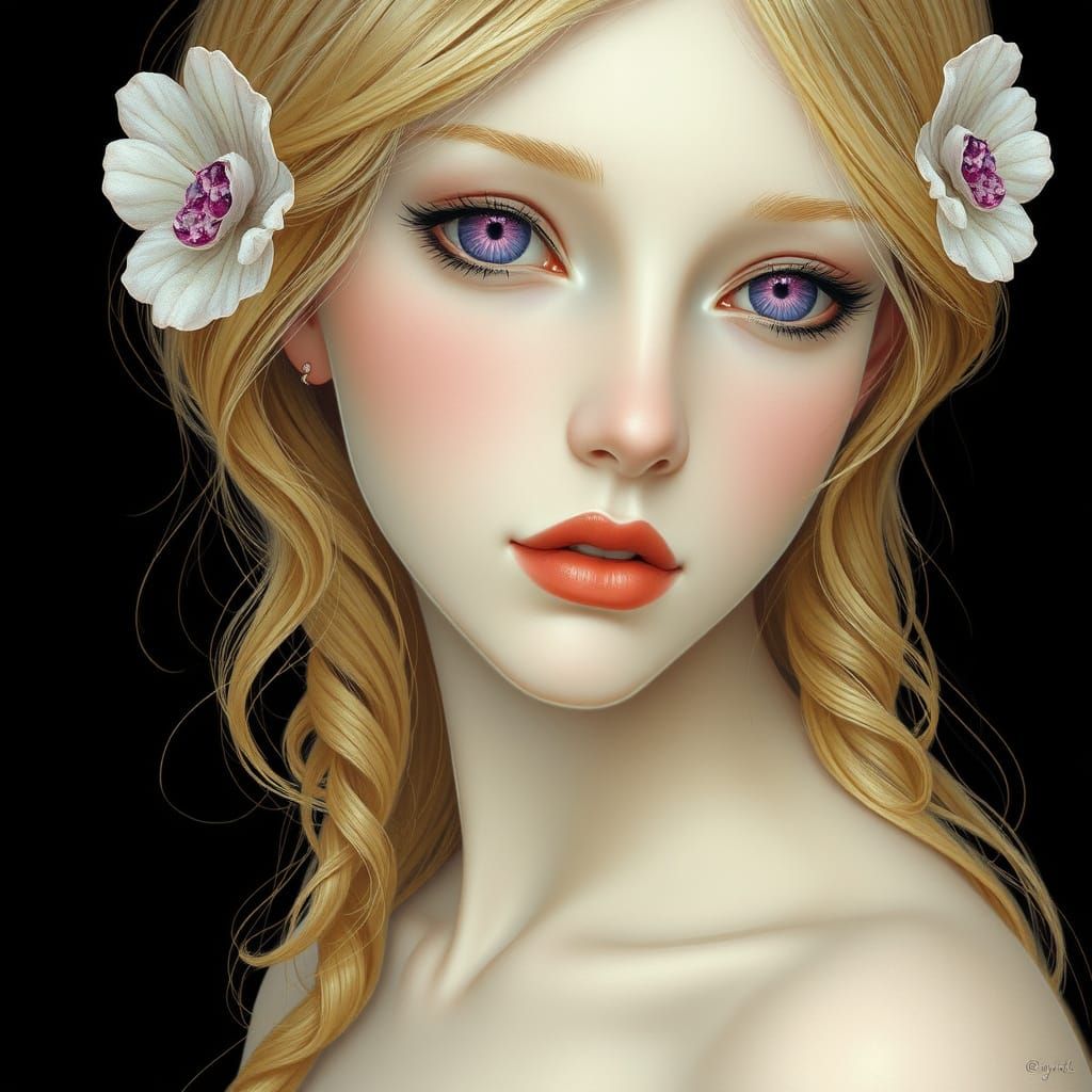 Enchanting Woman with Golden Hair and Purple Eyes in Art Nou...