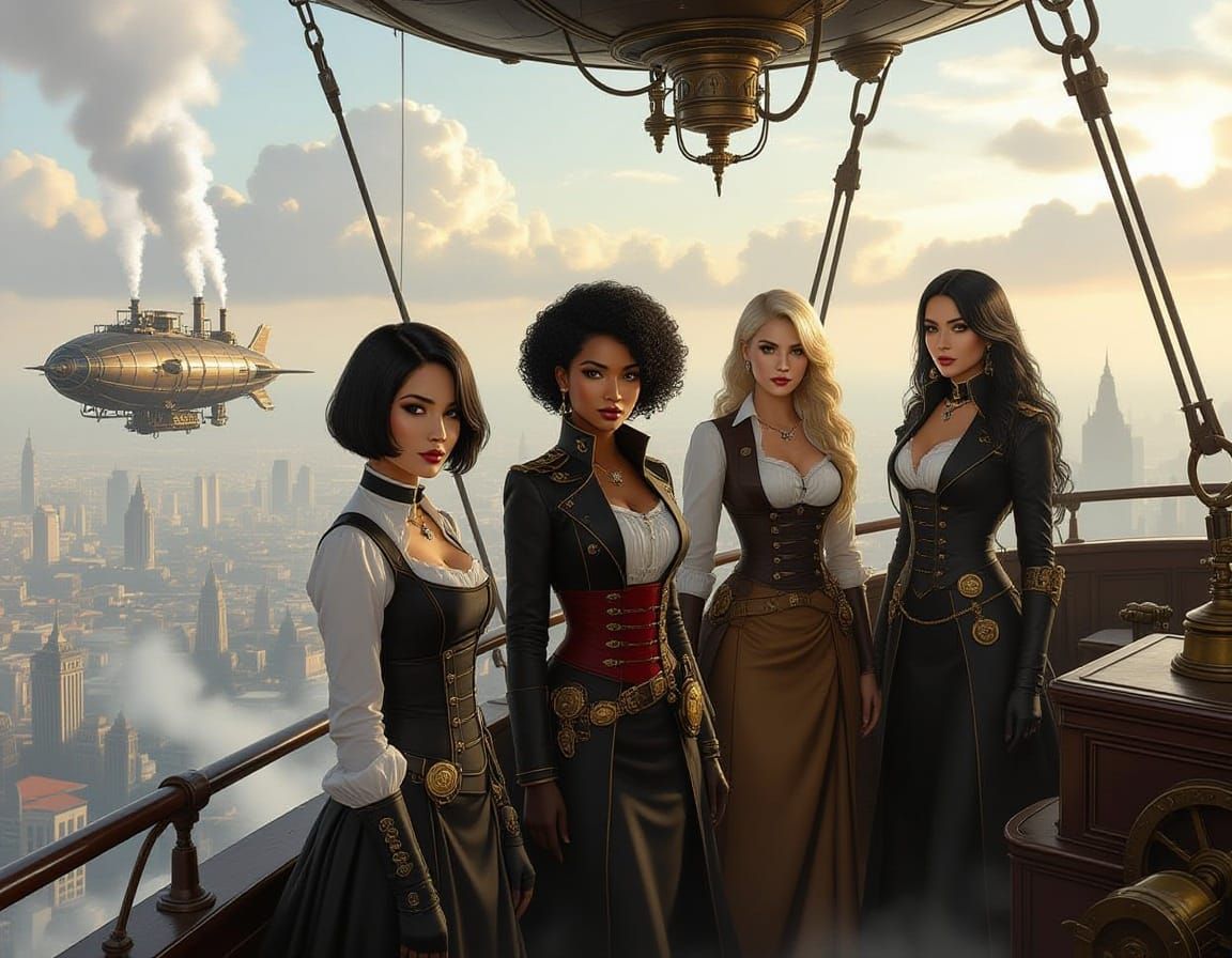 Diverse Women on Dirigible Over Steampunk City