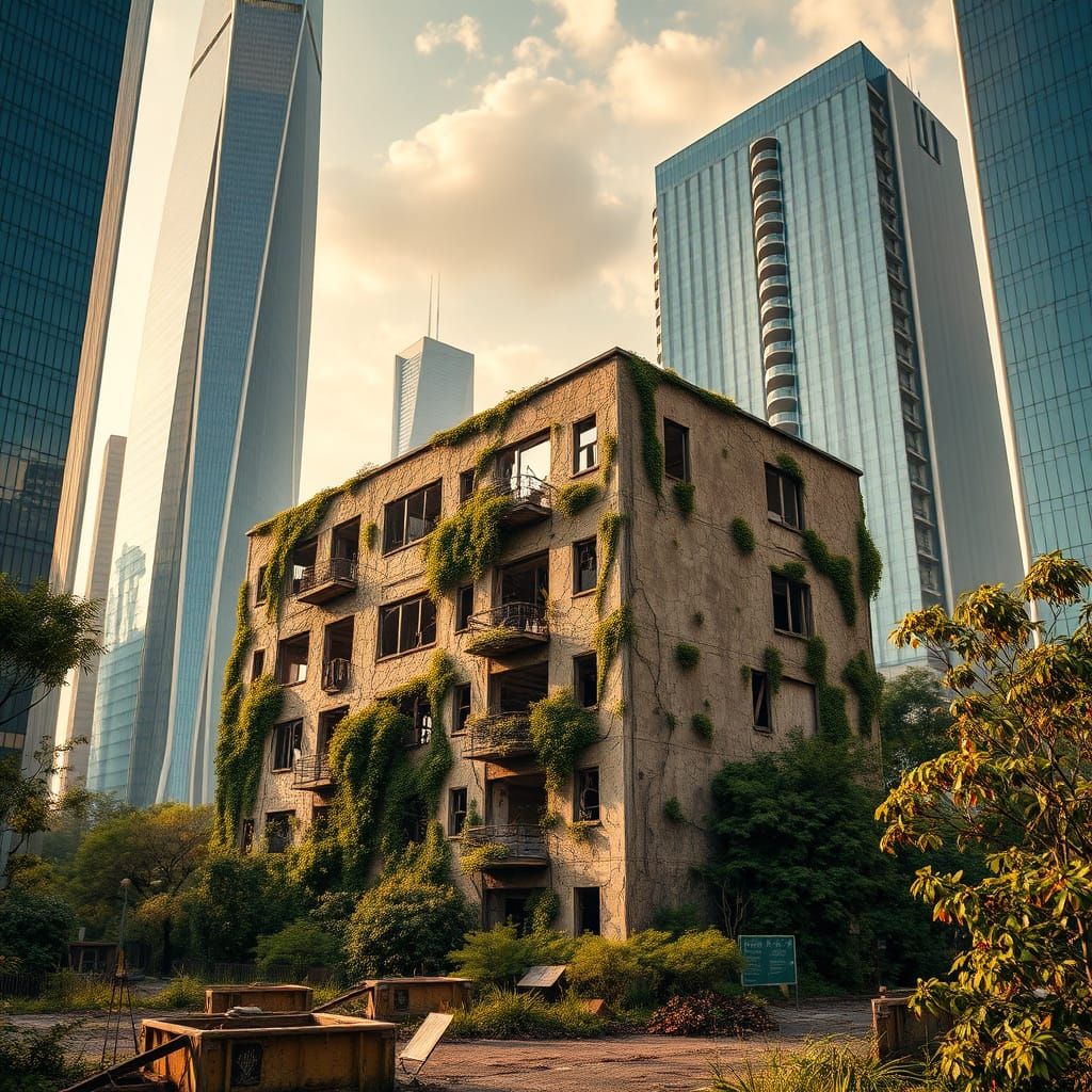 Abandoned Landmark Surrounded by Futuristic Skyscrapers