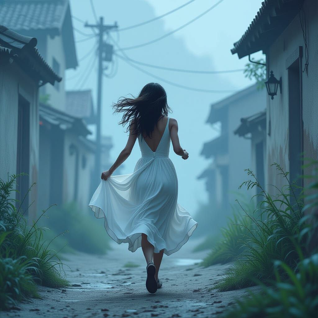 Woman Running from Mystery Scene as Digital Artwork