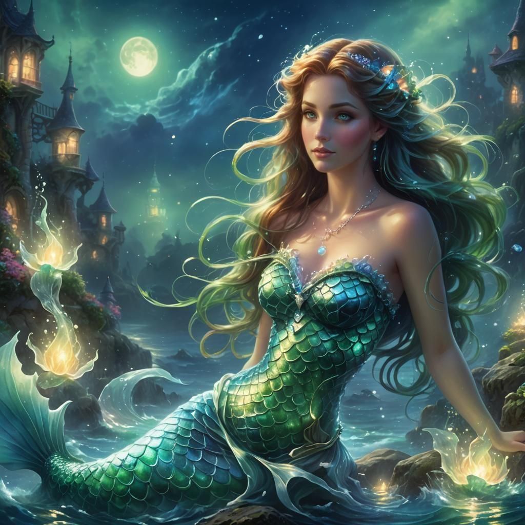 Ethereal Mermaid Glowing in Misty Night