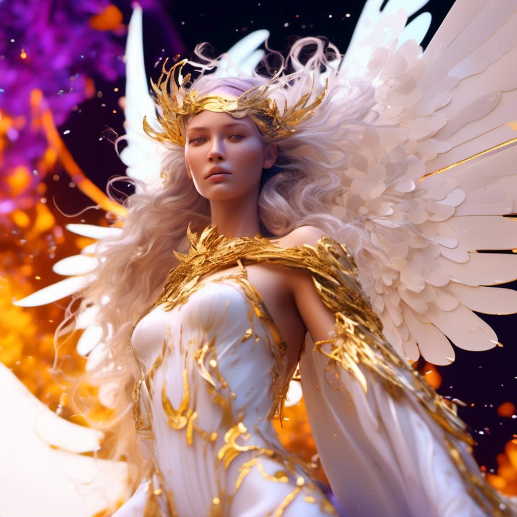 Gold-Accented Angel in Flowing Gown: Digital Art