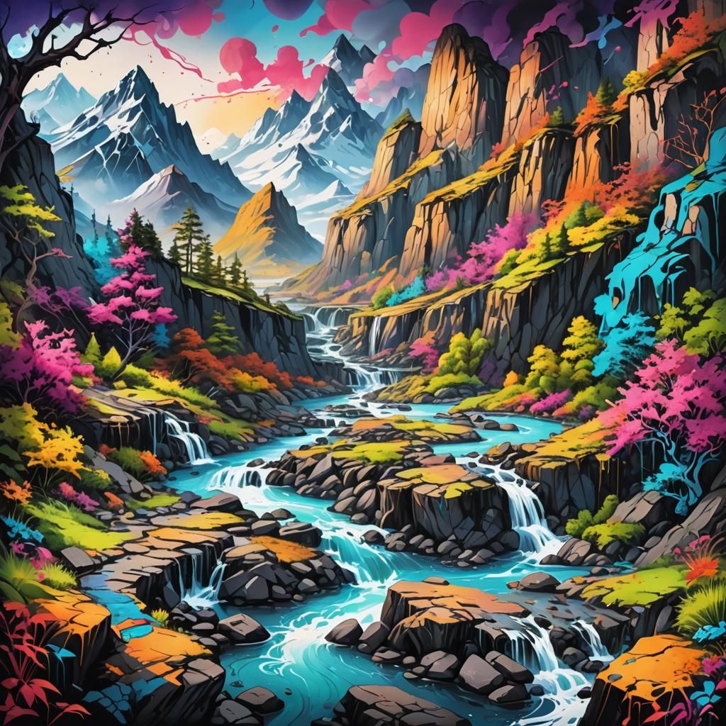 Colorful Graffiti Landscape with Mountains and Rivers