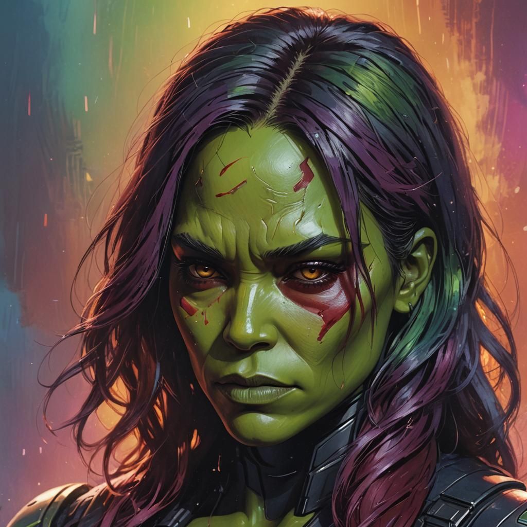 Sad Gamora Portrait in Hyperrealistic Splash Art Style