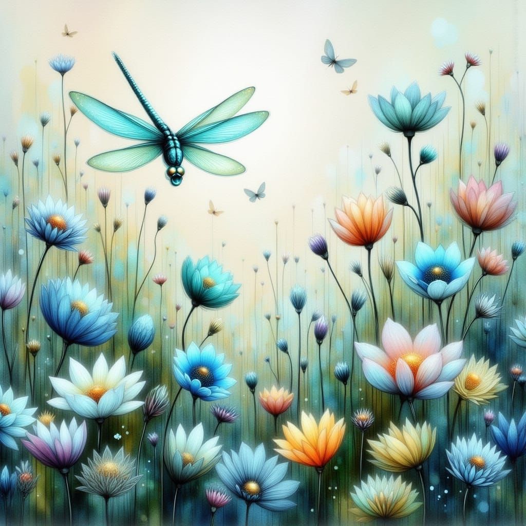 Watercolor Dragonfly in a Dreamy Field