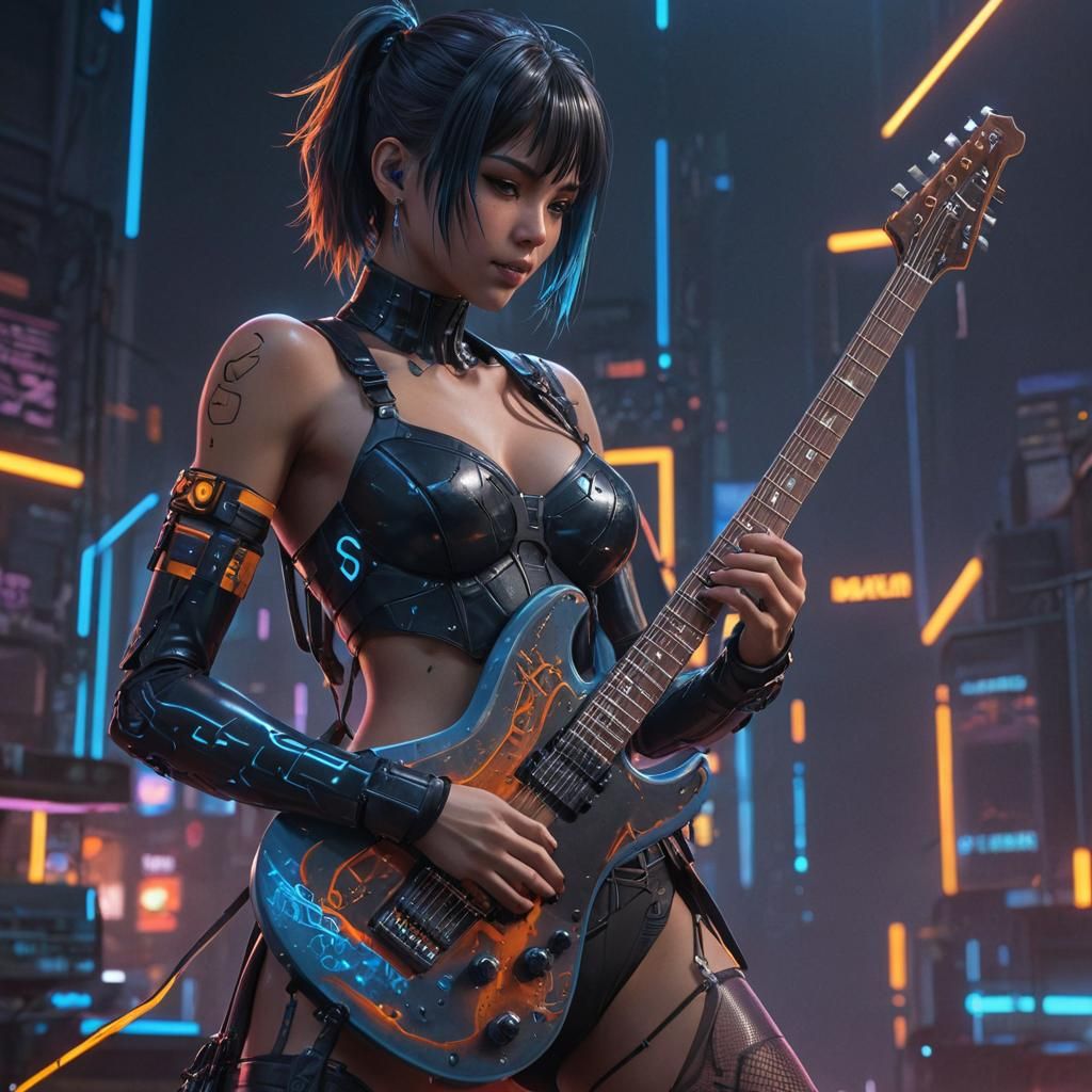 Music Superhero in Cyberpunk Anime Style