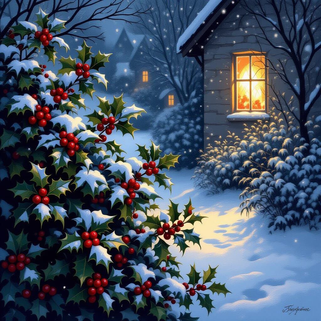 Tranquil Christmas Eve Snowfall on Holly Bushes