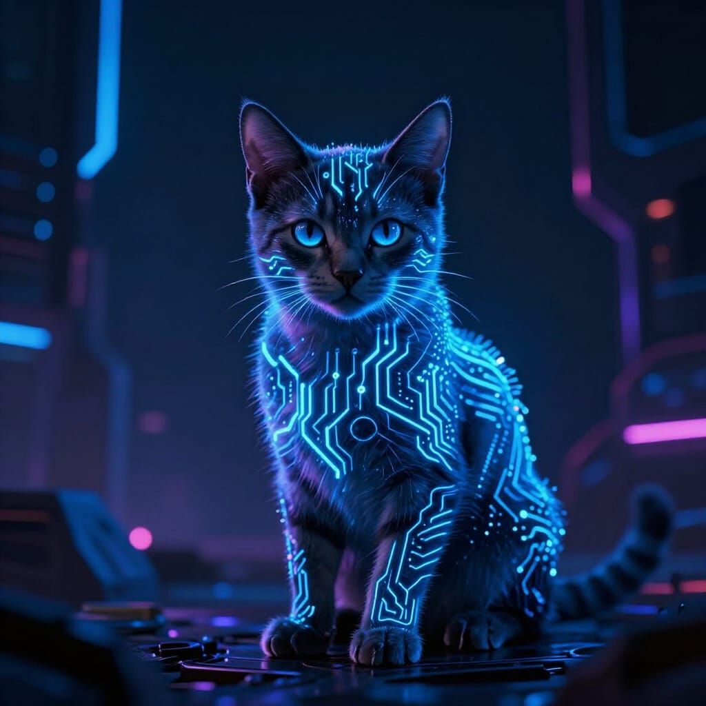 Neon Circuit Kitten in Futuristic Tron Landscape