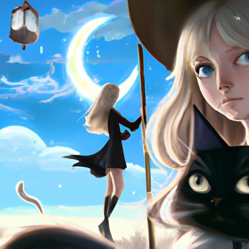 Blond Witch and Cat Familiar in Anime Style