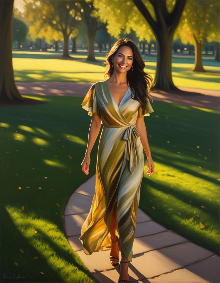 Woman in Park: Romantic Realism Oil Painting