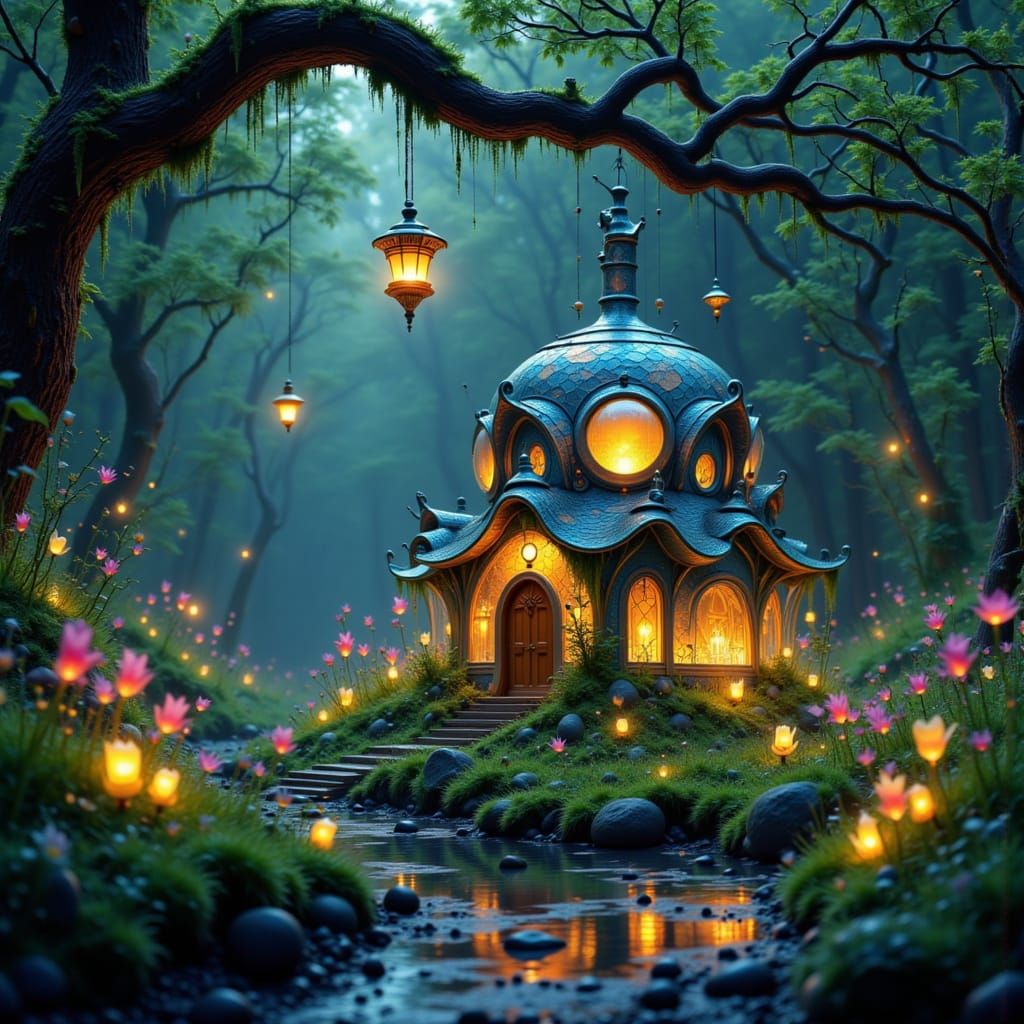 Enchanted Crystal Cottage in Art Nouveau Style