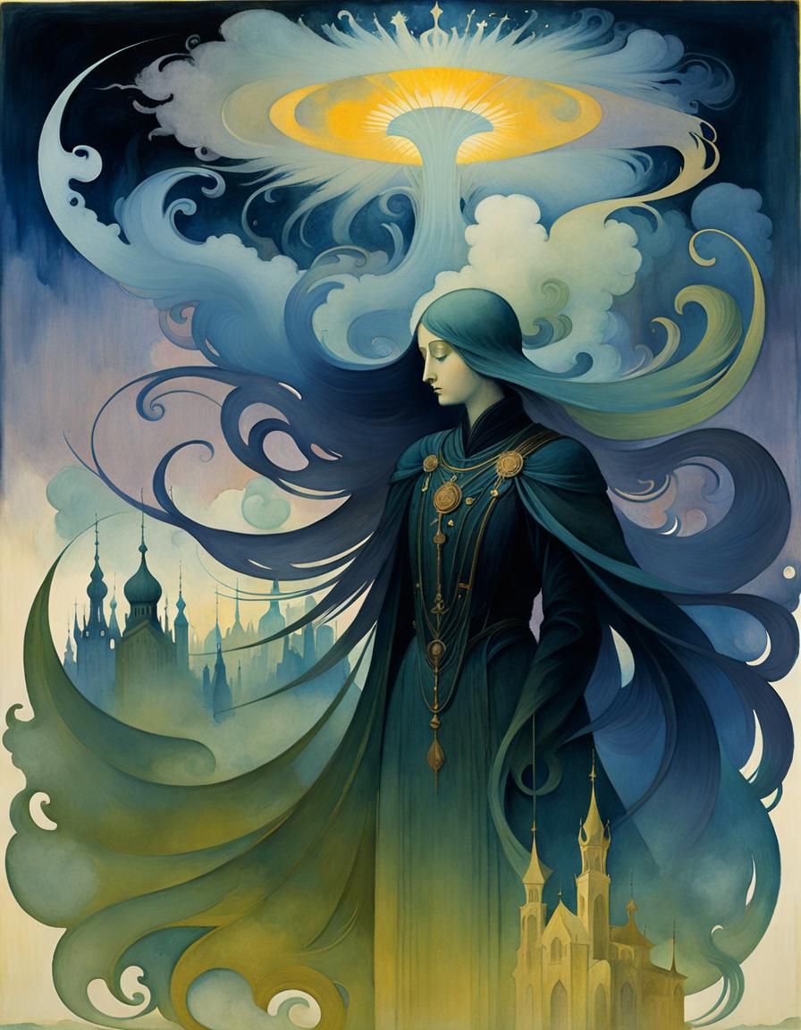 Surreal Art Nouveau Dream in Gouache Style