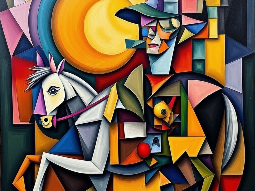 Cubist Cowboy Under Full Moon