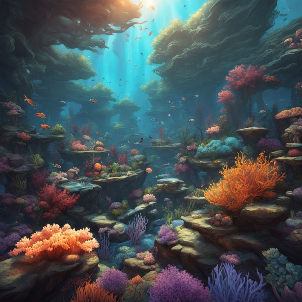 Vibrant Coral Reef Ecosystem with Glowing Marine Life