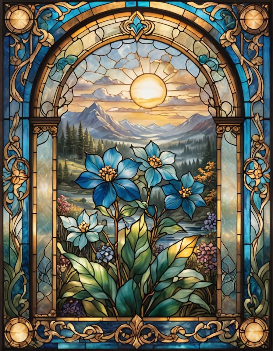 Stained Glass Blue Liverleaf Flower in Square Frame