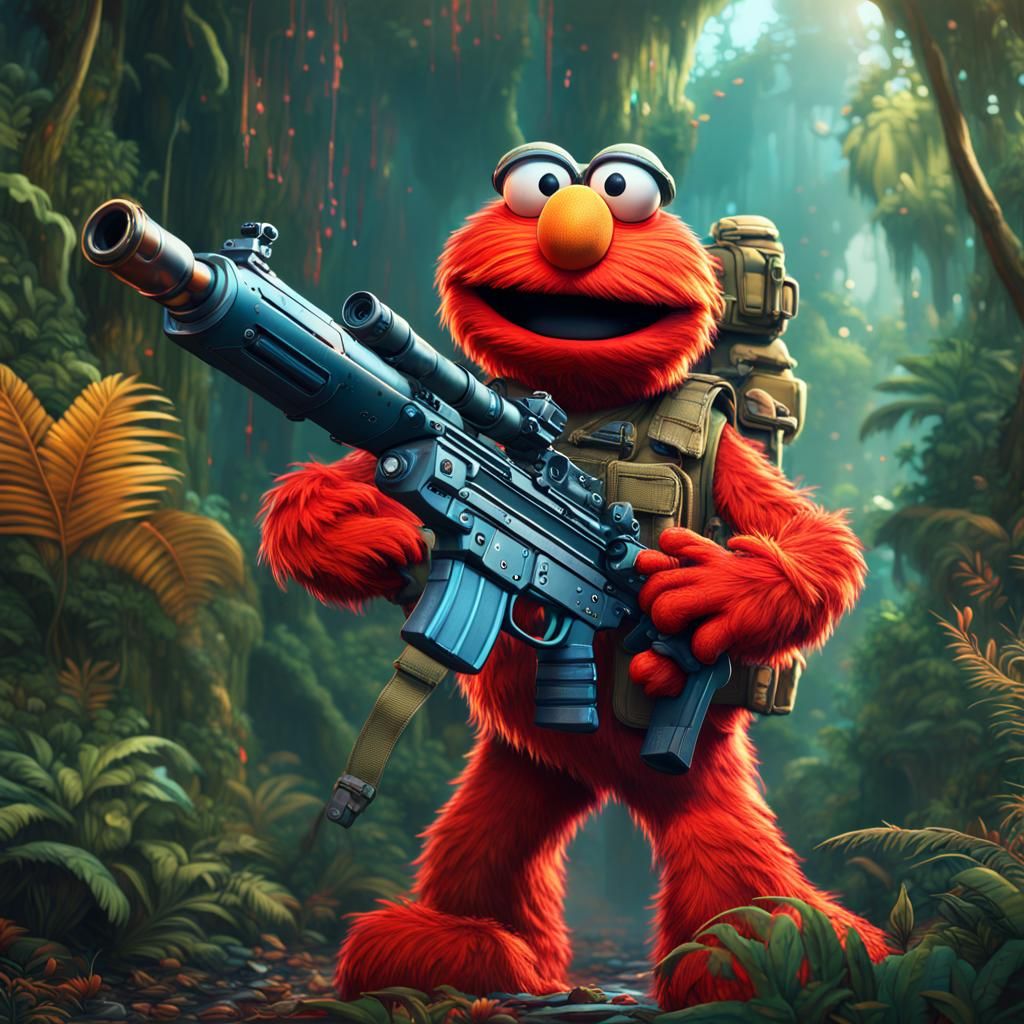 Elmo with Rocket Launcher in Jungle, Detailed Matte Painting