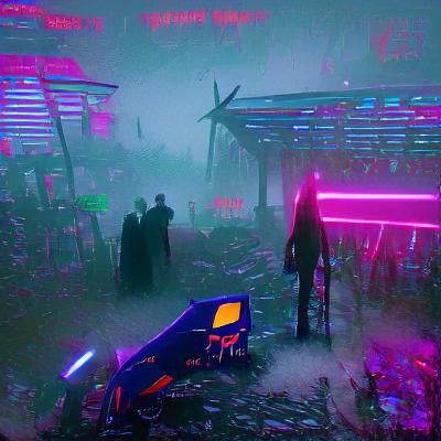 Cyberpunk Graveyard Scene with Neon Lights