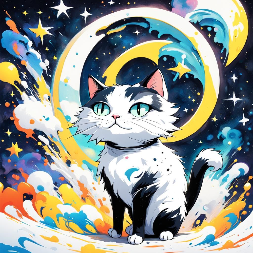 Fluffy Cat on Shooting Star in Graffiti Art Style
