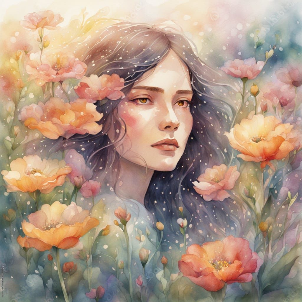 Woman's Face Emerging From Flowers in Watercolor Style