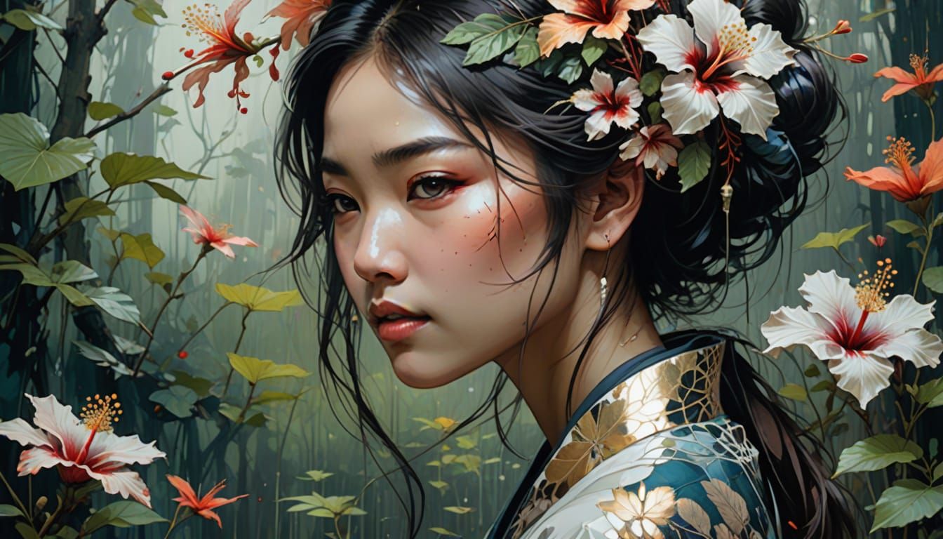 Ethereal Asian Woman Profile, Charcoal Pencil Sketch