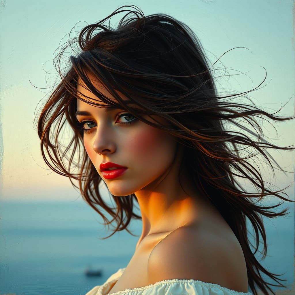 Woman With Windblown Hair in Golden Light, Expressive Oil Pa...