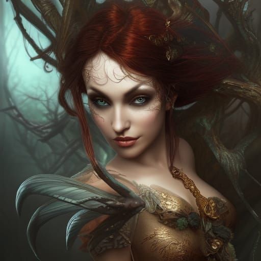 Intricate Dark-Haired Fae Woman in Detailed Matte Painting