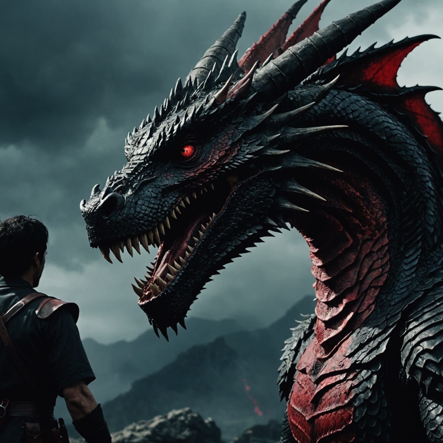 Dramatic Black Dragon in Red Blood: Cinematic Still