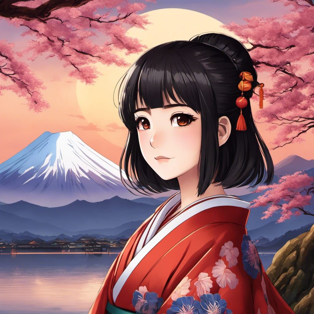 Anime Girl in Kimono with Mount Fuji Backdrop