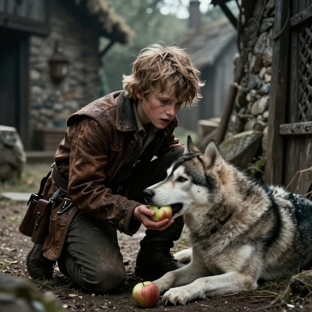 Orphan Rogue Boy Hiding With Wolf Pup in Medieval Village