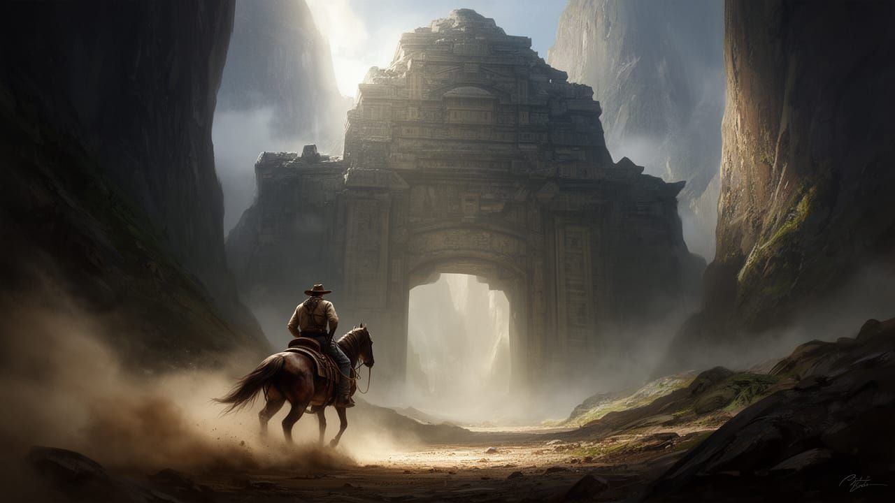 Lone Cowboy Rides to Ancient Gateway in Misty Canyon