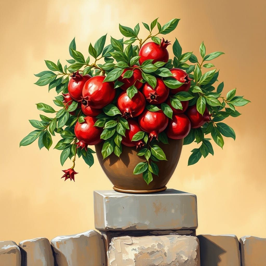 Vibrant Pomegranates Bloom on Rustic Stone Fence in Impressi...