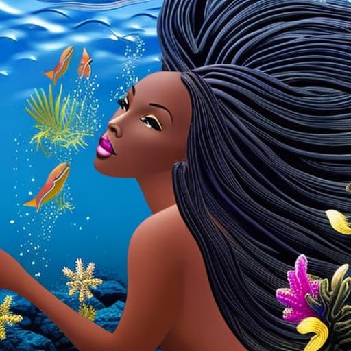Black Mermaid with Tropical Fish