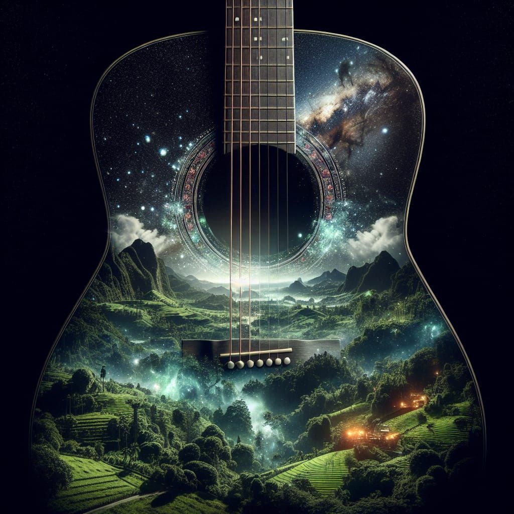 Double Exposure Guitar with Landscape and Stars