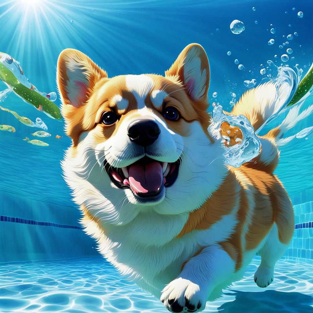 Corgi Backstrokes in Pool: Japanese Animation Style