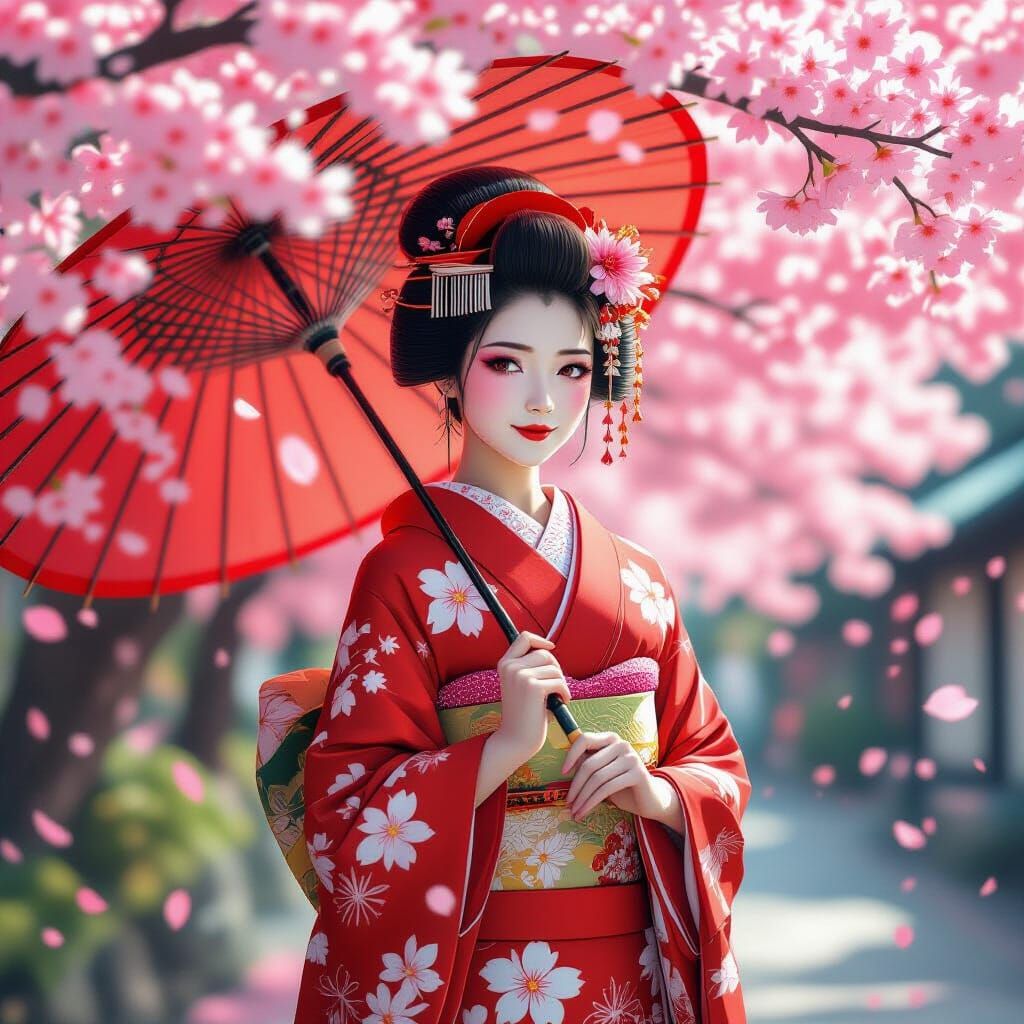 Shy Geisha in Cherry Blossom Garden, Hyperrealistic Style