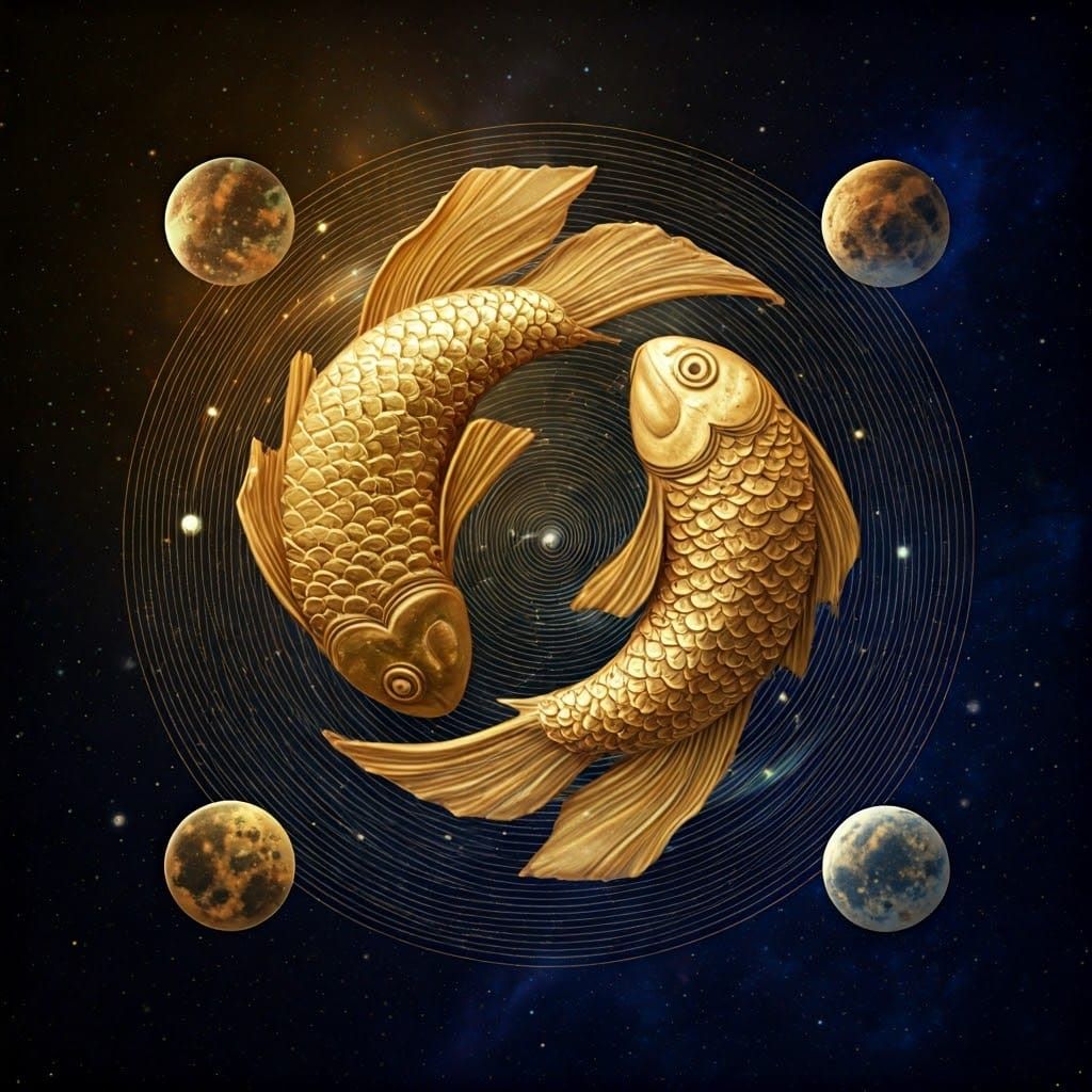 zodiac Sign in gold, in focus the zodiac fishes ♓️ the unive...