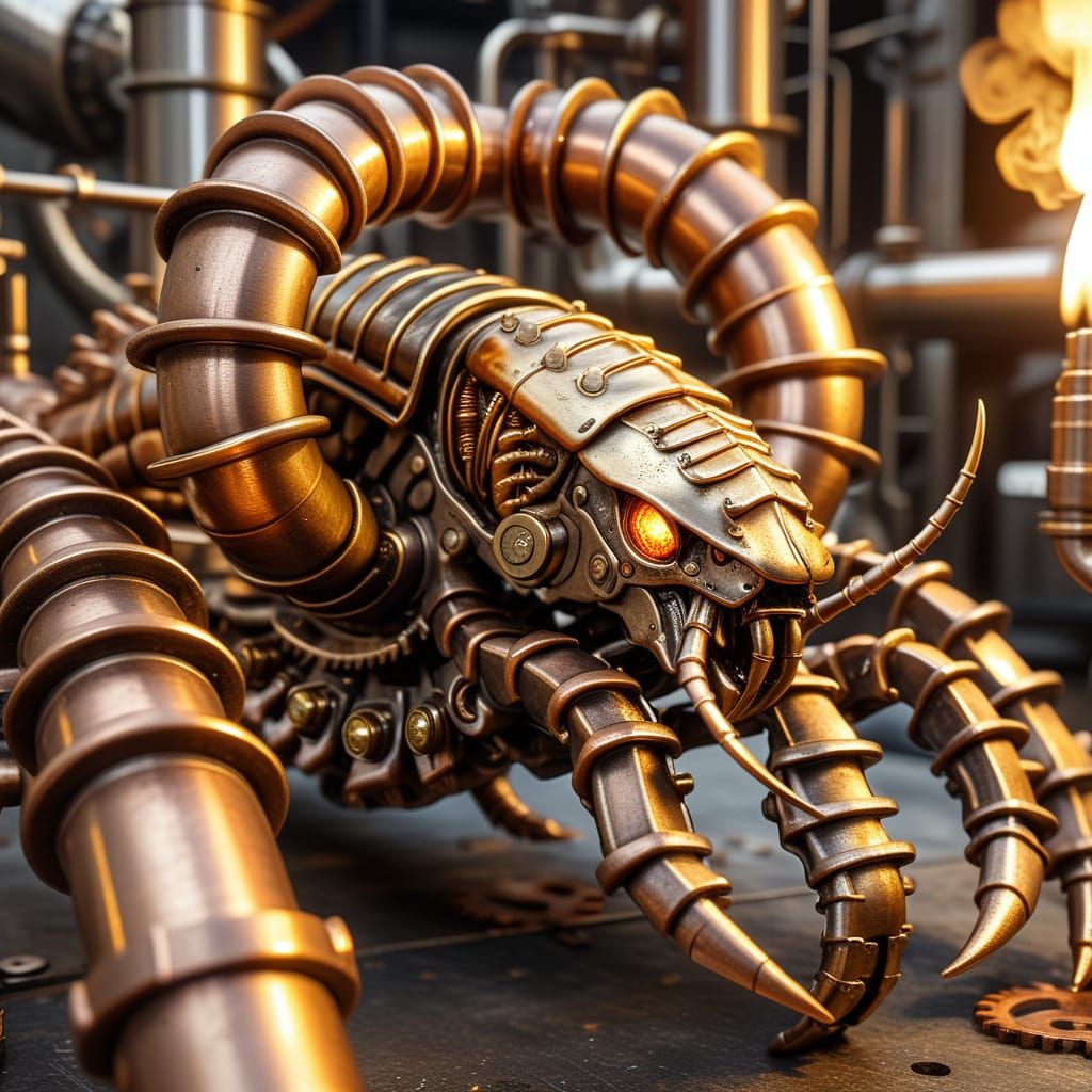 A giant scorpion made of brass pistons, its body a huge boil...